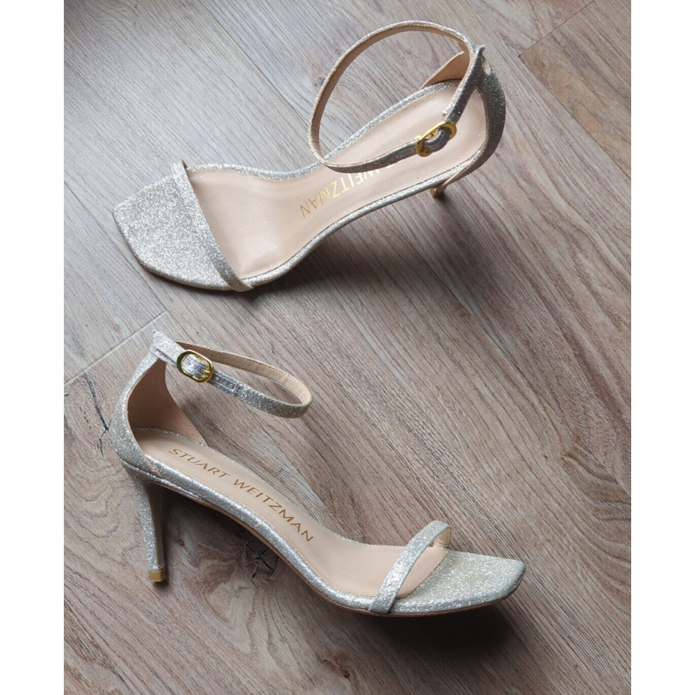 Stuart Weitzman Nudistcurve 75 Heel Sandals Womens 7 Silver Sparkle Glitter